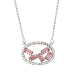 Rhodium Plated Emerald Cut Geometric Crystal Oval Pendant in Light Rose
